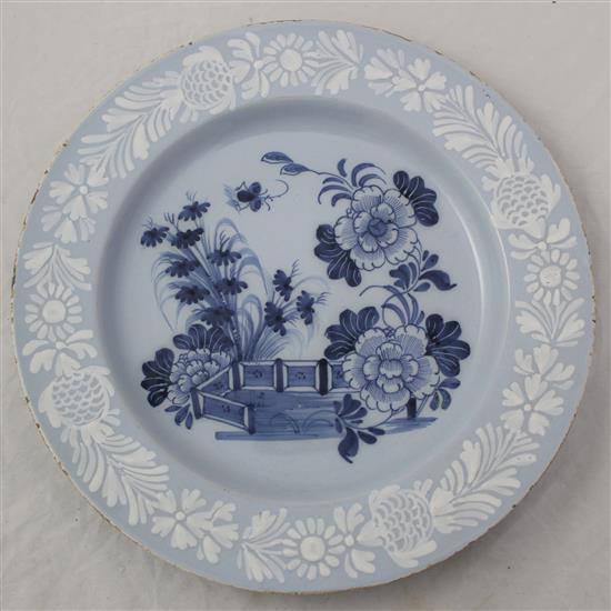 An English delft ware dish, probably Bristol, c.1760, diameter 29.5cm